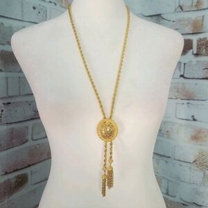 Vintage Trifari Gold Tone Medallion Tassle Necklace Statement